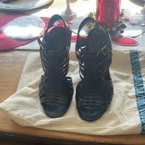 Tory Burch Womens Nadia Huarache Sandal Heels Shoes Size 10 Black W/Woven Straps